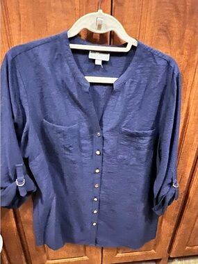 JM Collection Navy Button-Front Roll-Tab Sleeve Blouse